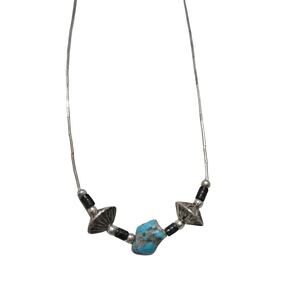 1970s Sterling Silver Liquid Beads Turquoise Stone Necklace